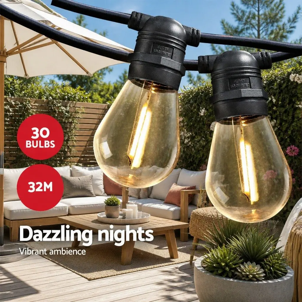 32m Festoon String Lights with Warm White LED Glow