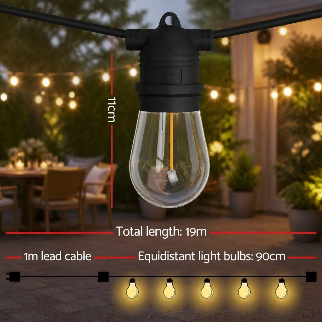 Festoon String Lights Warm White 19m 20 Bulbs Indoor Outdoor
