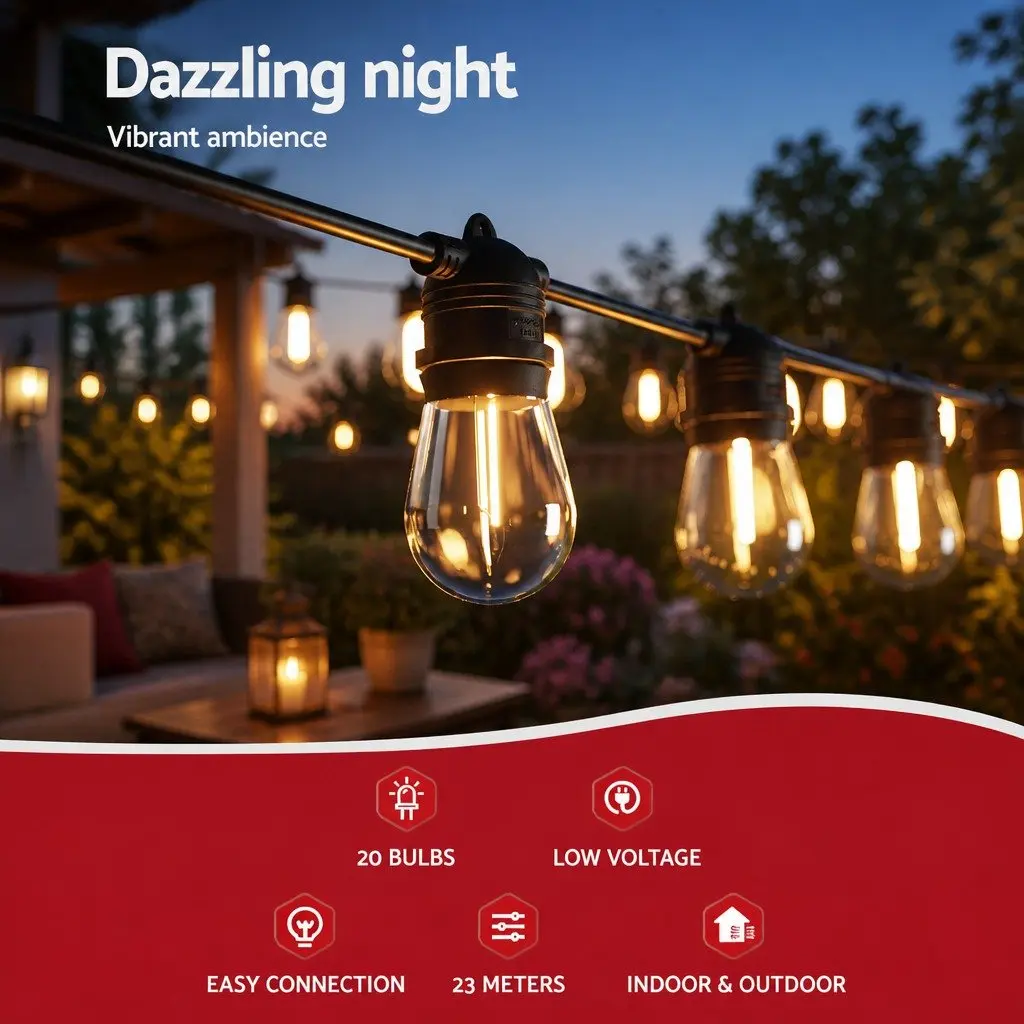 Festoon String Lights Warm White 19m 20 Bulbs Indoor Outdoor