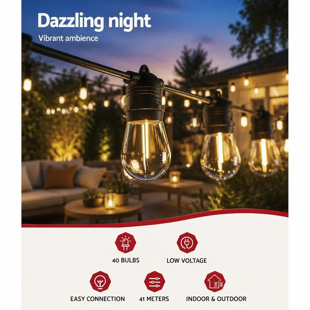 37m Festoon String Lights with 40 Warm White Bulbs