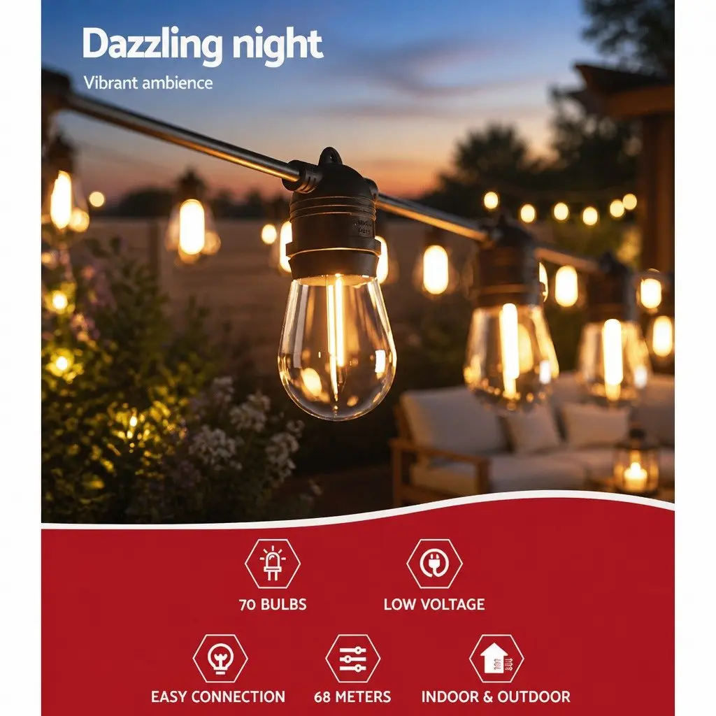 Festoon Lights 64m Warm White Indoor Outdoor 70 Bulbs Party Garden Decor