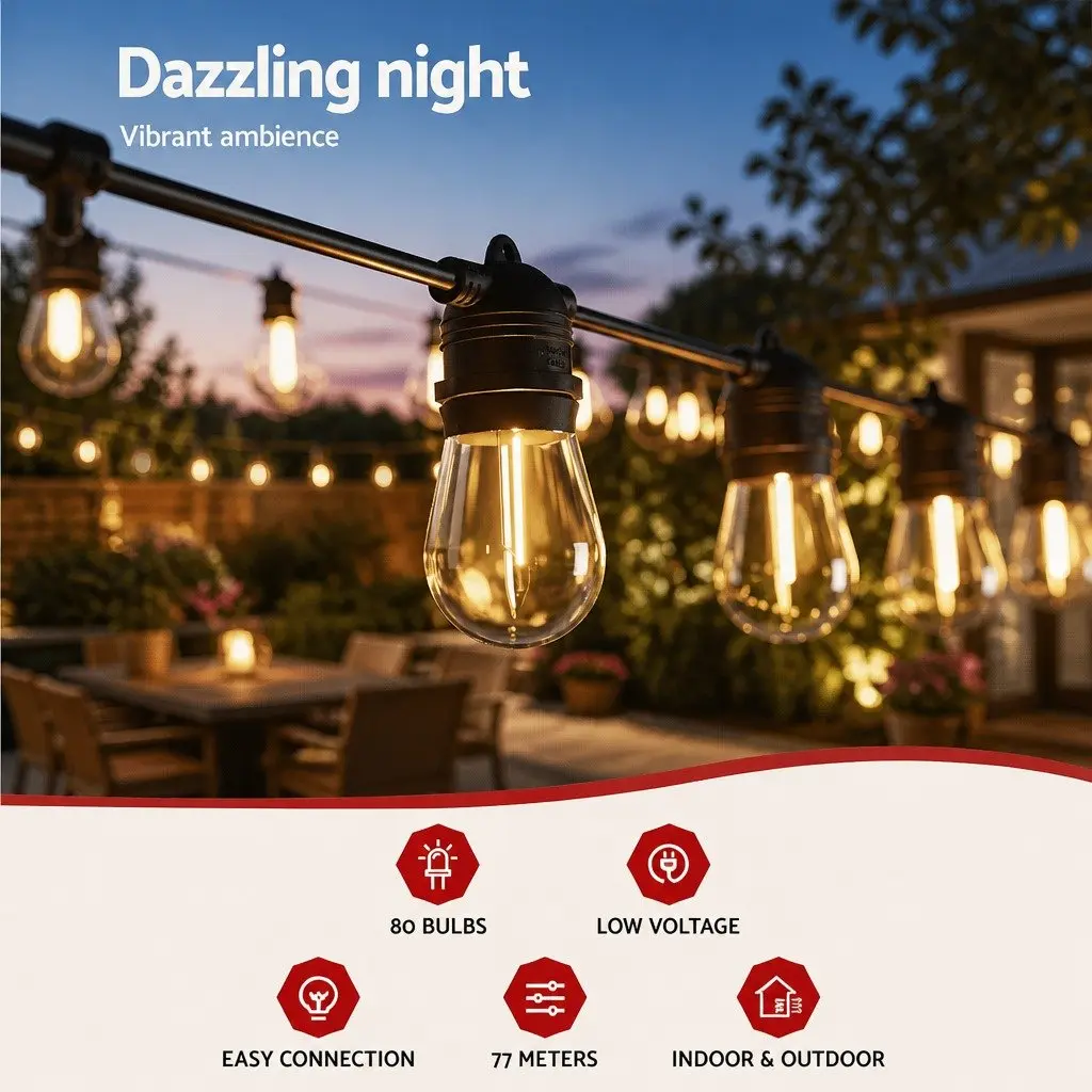 73m Festoon String Lights with 80 Warm White Bulbs