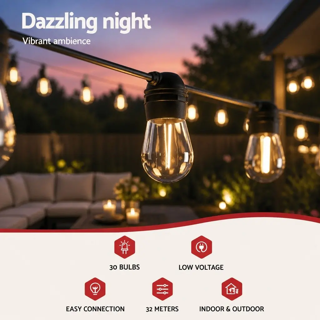 32m Solar Festoon String Lights Warm White LED Outdoor Christmas Party
