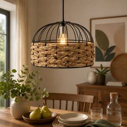 Ceiling Light Shade Pendant Woven Water Hyacinth Black Iron Frame Vintage Decor