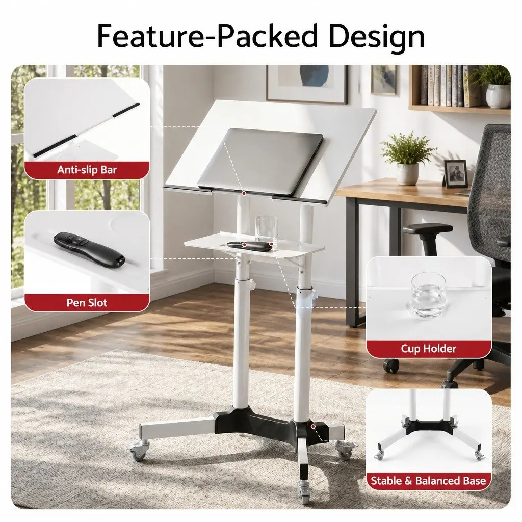 Mobile Lectern Stand Adjustable Sit-to-Stand Presentation Podium with Locking