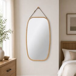 Hanging Wall Mirror 74x43cm Bamboo Frame Adjustable Leather Strap Bathroom
