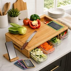 Premium Bamboo Cutting Board with Storage Trays & Holder