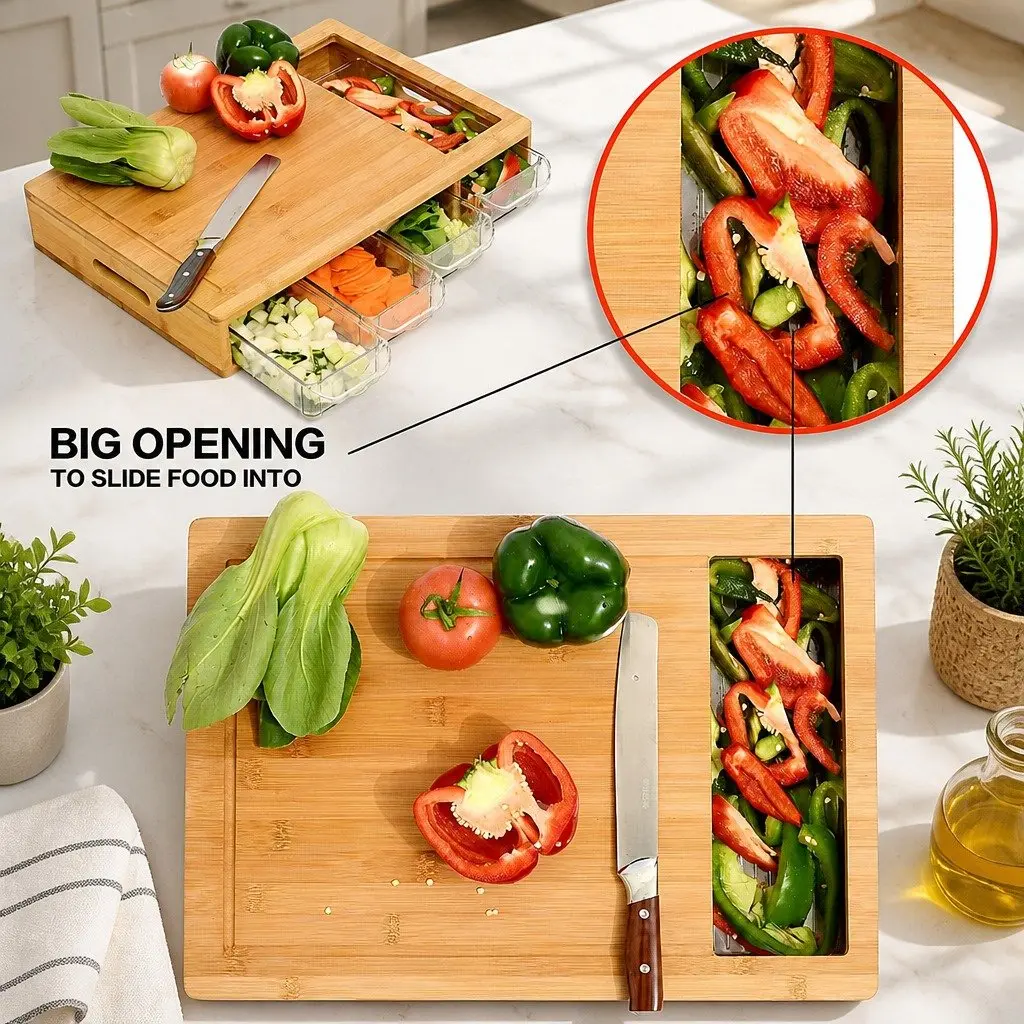 Bamboo Cutting Board with Storage Trays & Holder
