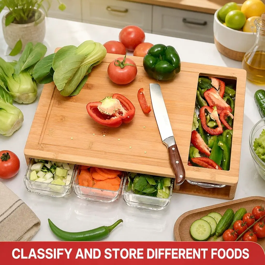 Bamboo Cutting Board with Storage Trays & Holder