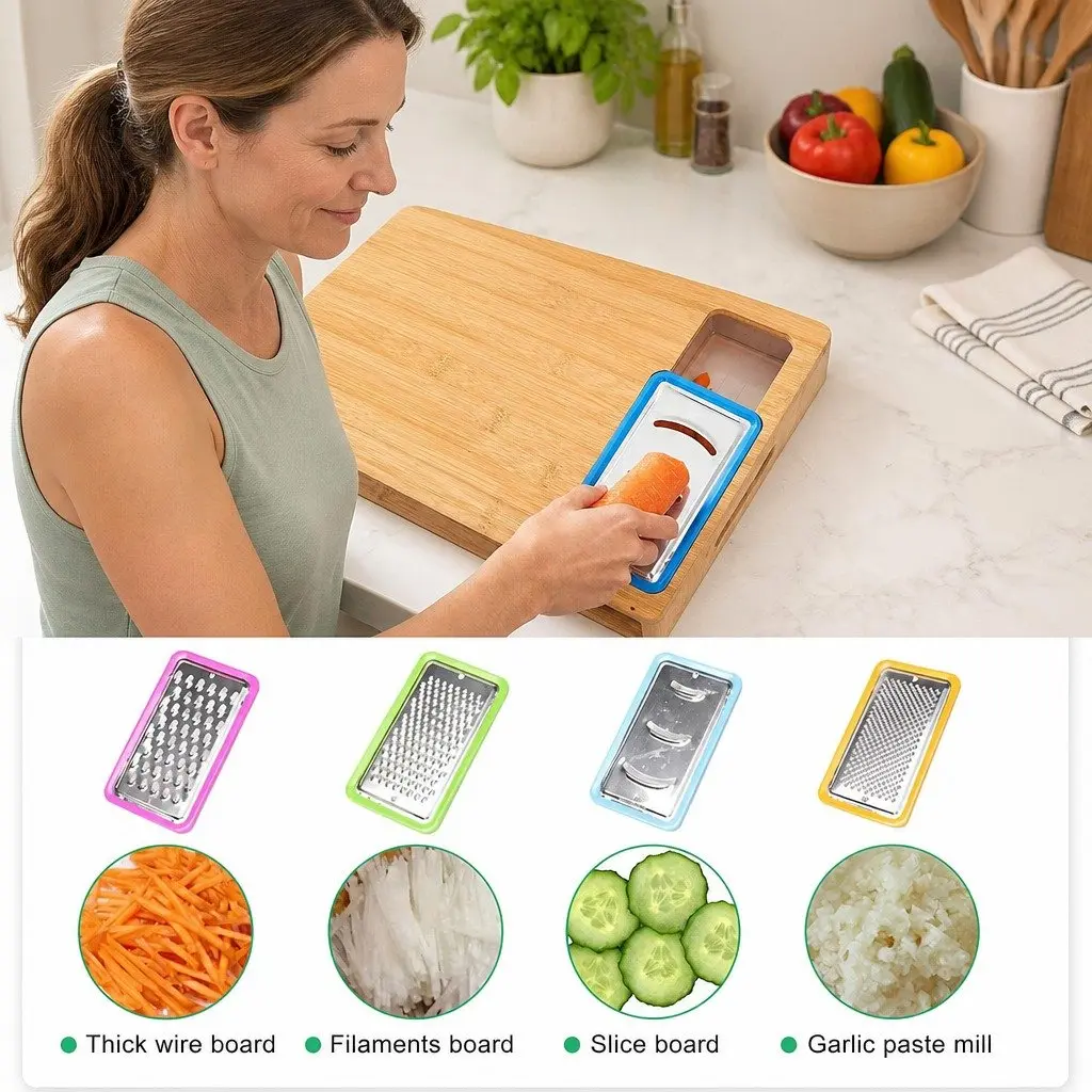 Bamboo Cutting Board with Storage Trays & Holder