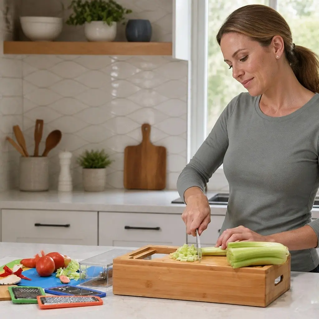 Bamboo Cutting Board with Storage Trays & Holder
