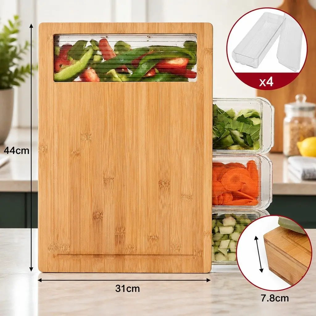 Bamboo Cutting Board with Storage Trays & Holder