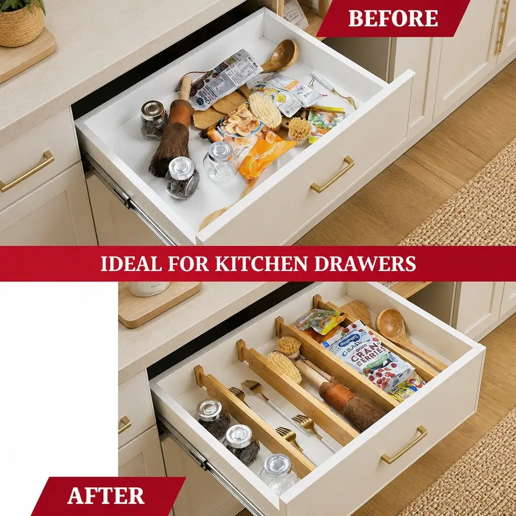 Bamboo Adjustable Kitchen Drawer Dividers 4 Pack 44-55cm