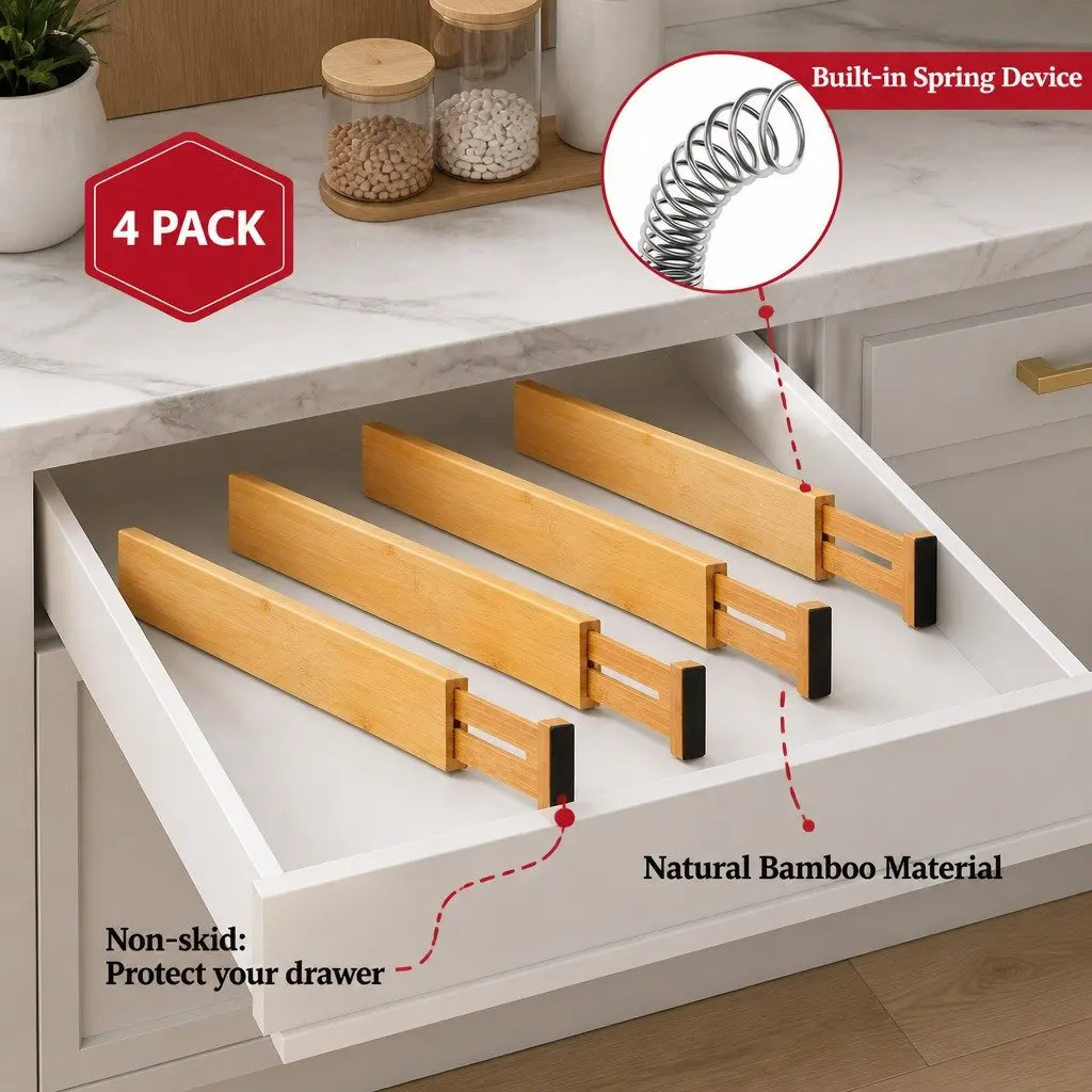 Bamboo Adjustable Kitchen Drawer Dividers 4 Pack 44-55cm