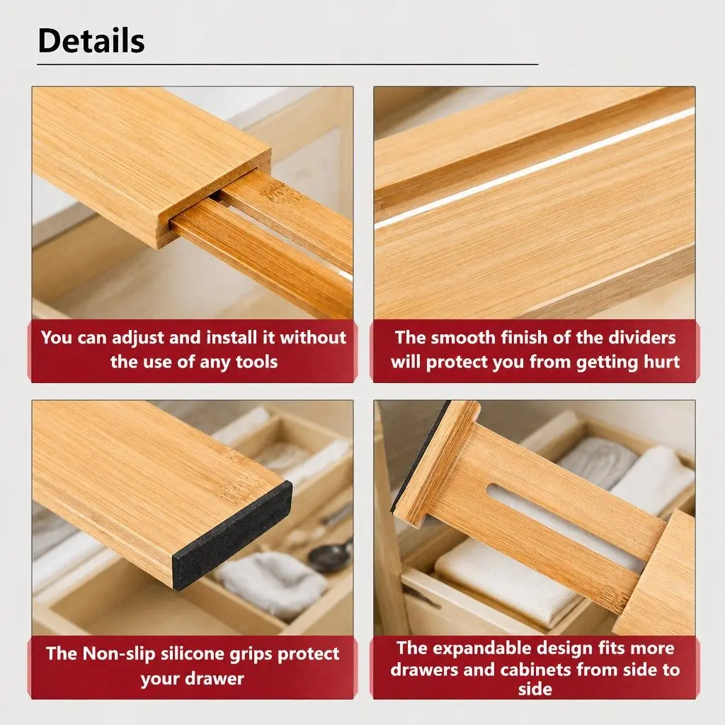 Bamboo Adjustable Kitchen Drawer Dividers 4 Pack 44-55cm