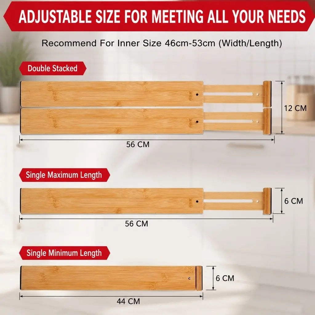 Bamboo Adjustable Kitchen Drawer Dividers 4 Pack 44-55cm