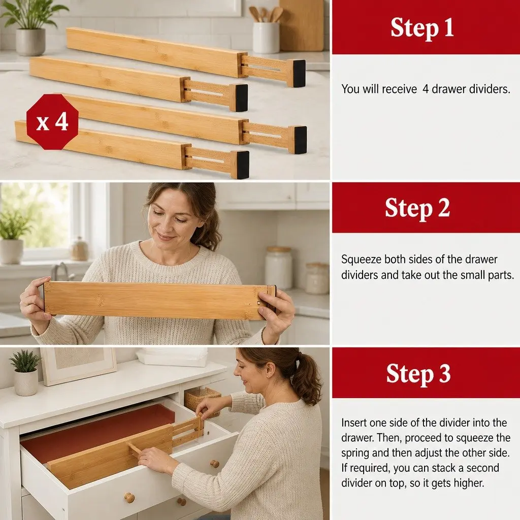 Bamboo Adjustable Kitchen Drawer Dividers 4 Pack 44-55cm