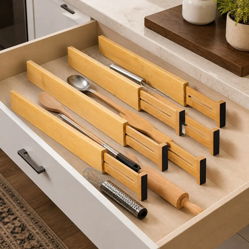 Kitchen Drawer Dividers Bamboo Adjustable 44-55cm 6 Pack