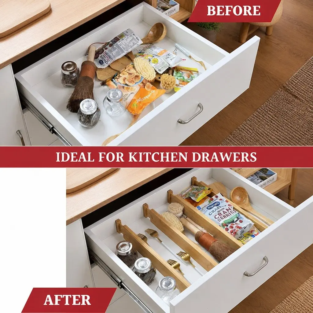 Kitchen Drawer Dividers Bamboo Adjustable 44-55cm 6 Pack