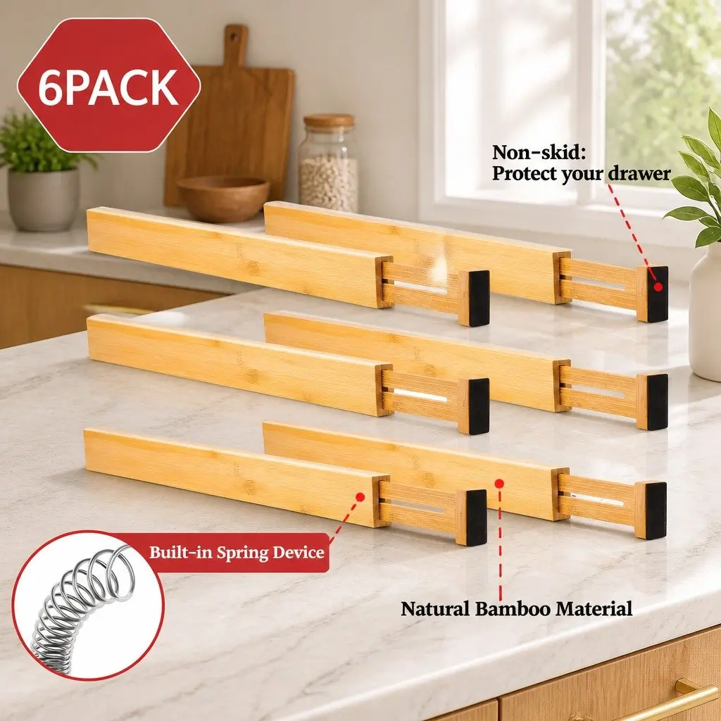 Kitchen Drawer Dividers Bamboo Adjustable 44-55cm 6 Pack