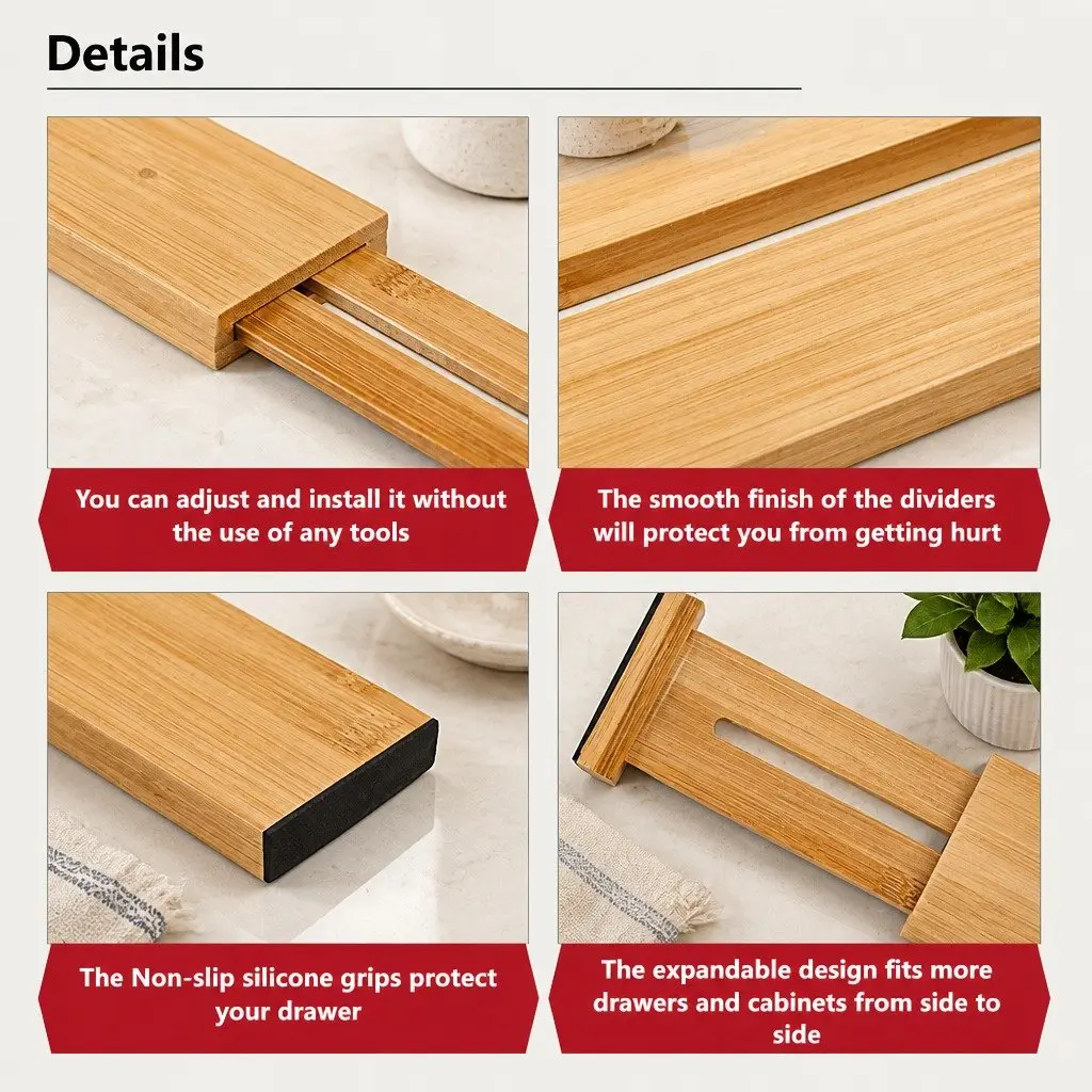 Kitchen Drawer Dividers Bamboo Adjustable 44-55cm 6 Pack