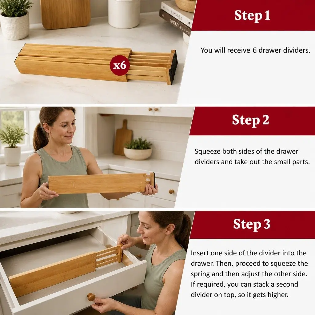 Kitchen Drawer Dividers Bamboo Adjustable 44-55cm 6 Pack