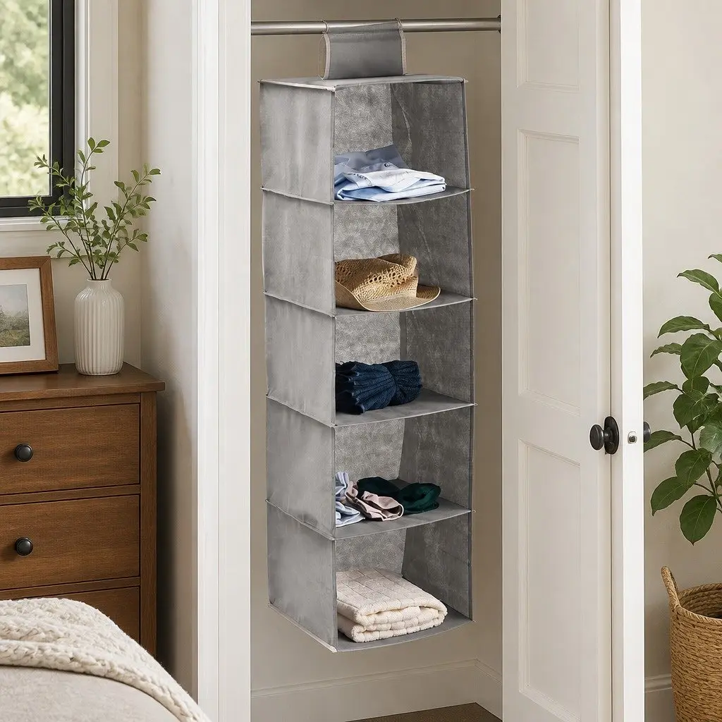 Hanging Closet Organizer Non-woven Fabric 28 x 28 x 95 cm Grey 5 Tier