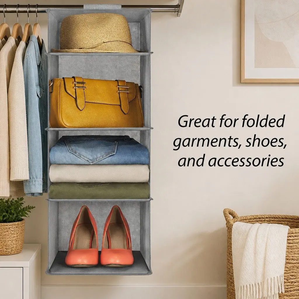 Hanging Closet Organizer Non-woven Fabric 28 x 28 x 95 cm Grey 5 Tier