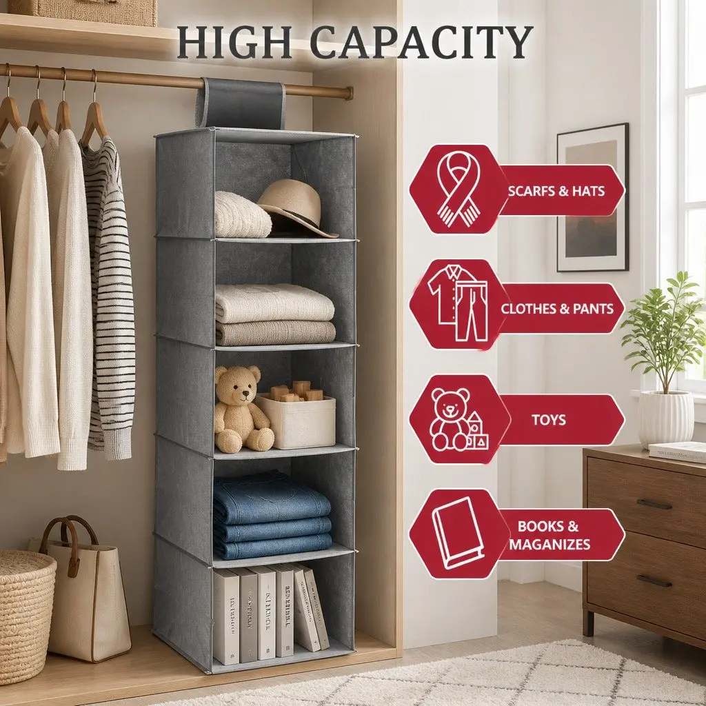 Hanging Closet Organizer Non-woven Fabric 28 x 28 x 95 cm Grey 5 Tier