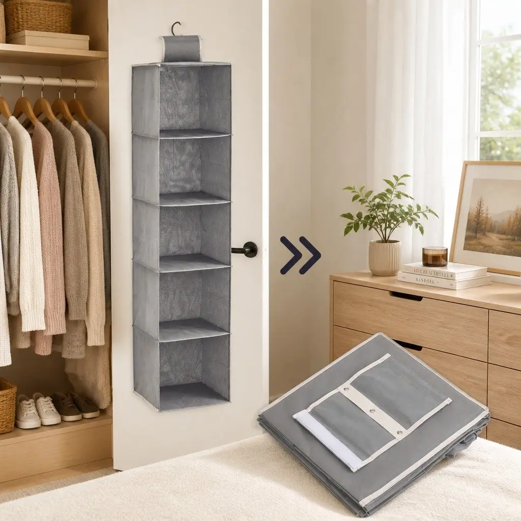 Hanging Closet Organizer Non-woven Fabric 28 x 28 x 95 cm Grey 5 Tier