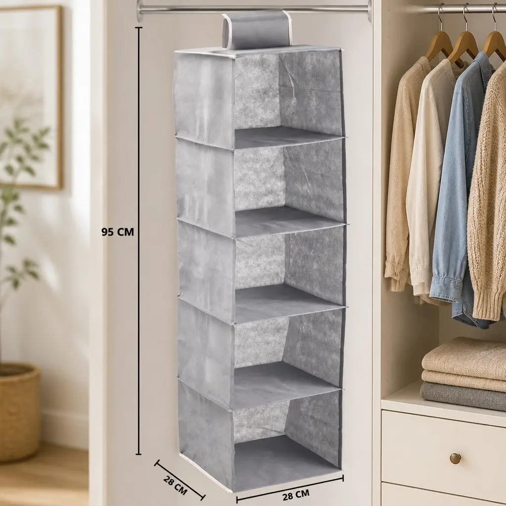 Hanging Closet Organizer Non-woven Fabric 28 x 28 x 95 cm Grey 5 Tier