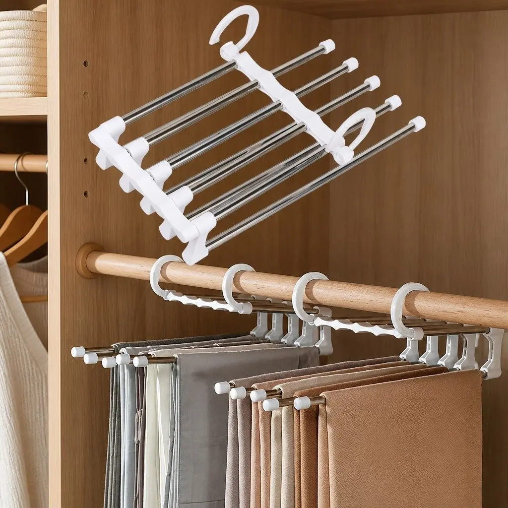Pants Hangers Stainless Steel Adjustable 5 in 1 Non-Slip Space Saving 2 Pack