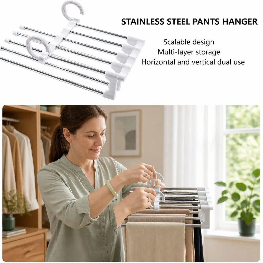 Pants Hangers Stainless Steel Adjustable 5 in 1 Non-Slip Space Saving 2 Pack