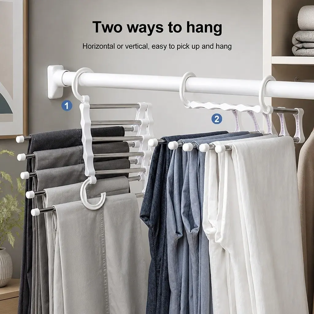 Pants Hangers Stainless Steel Adjustable 5 in 1 Non-Slip Space Saving 2 Pack
