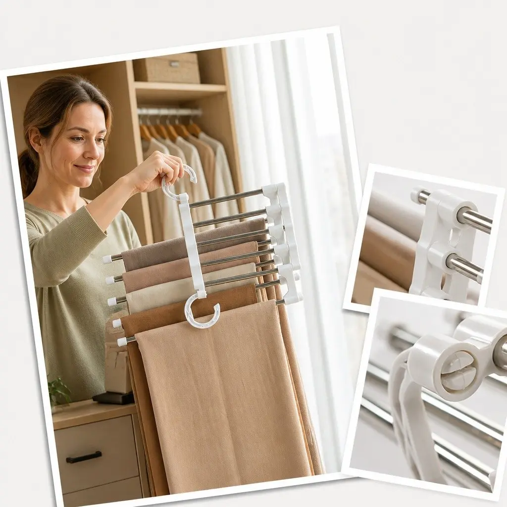 Pants Hangers Stainless Steel Adjustable 5 in 1 Non-Slip Space Saving 2 Pack