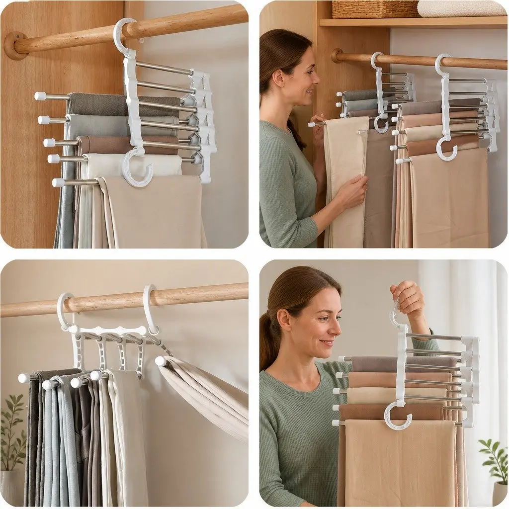 Pants Hangers Stainless Steel Adjustable 5 in 1 Non-Slip Space Saving 2 Pack