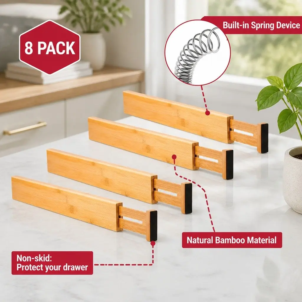 Bamboo Drawer Dividers 8 Pack for Maximum Organization