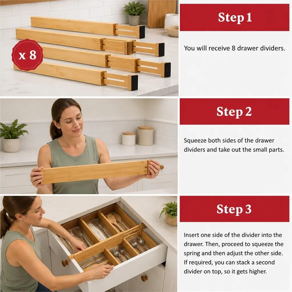 Bamboo Drawer Dividers 8 Pack for Maximum Organization