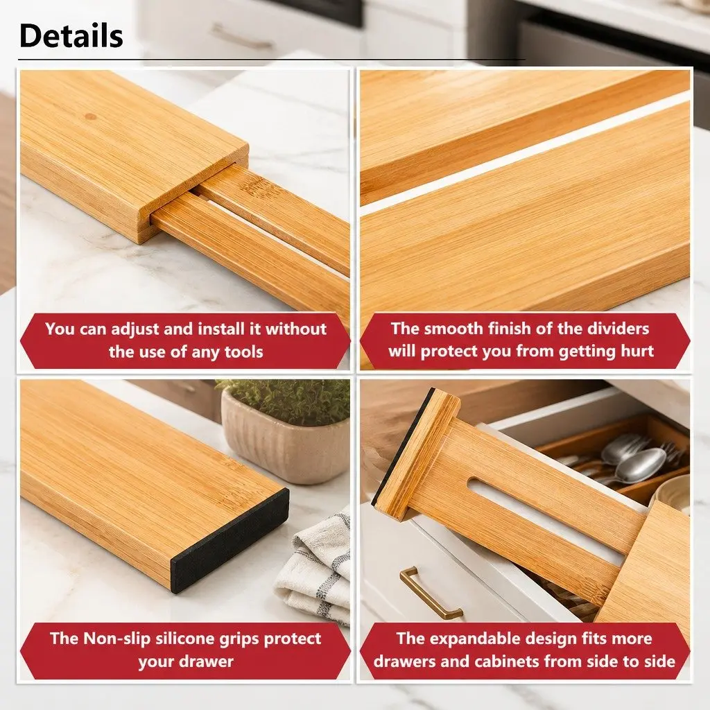Bamboo Drawer Dividers Adjustable Organizer Set 12 Pack