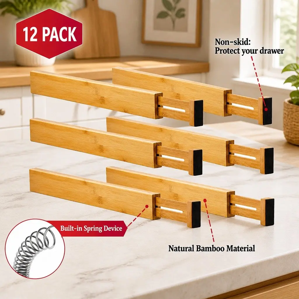 Bamboo Drawer Dividers Adjustable Organizer Set 12 Pack
