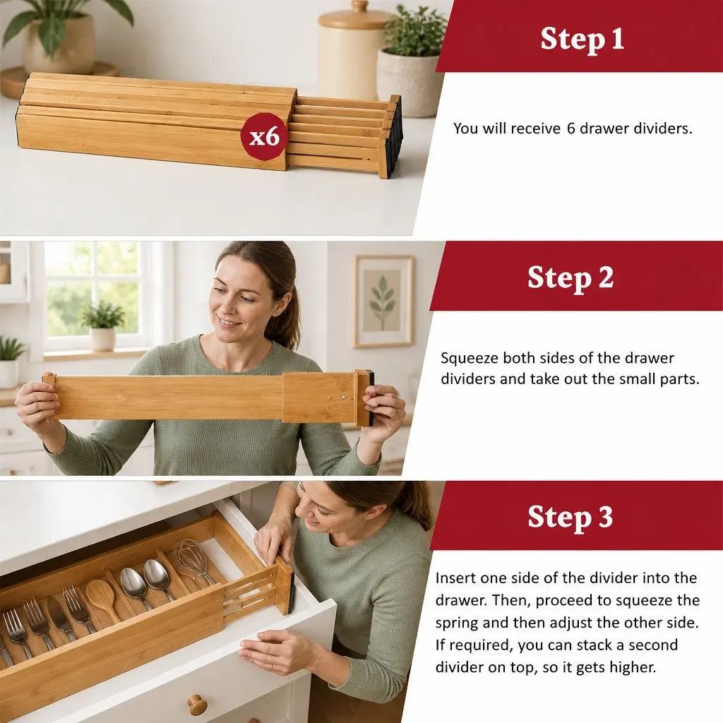 Bamboo Drawer Dividers Adjustable Organizer Set 12 Pack