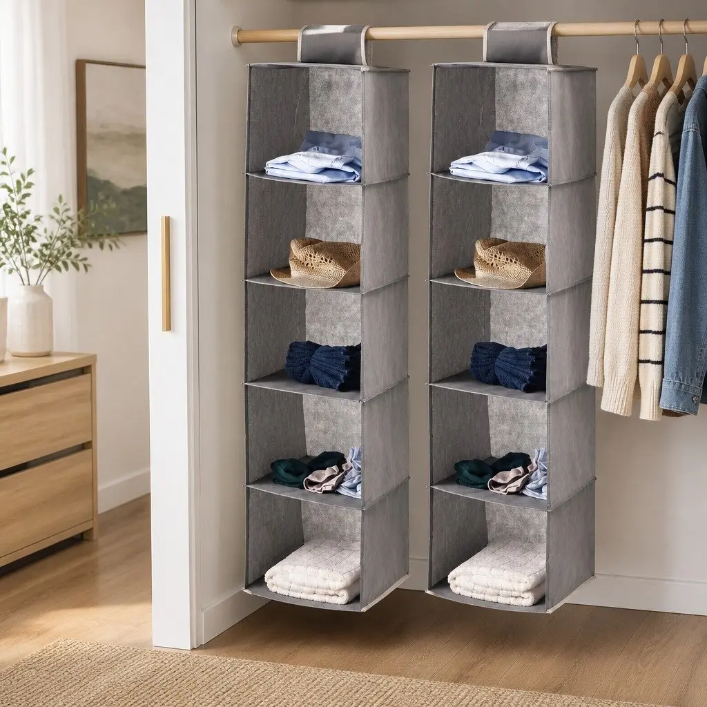 Hanging Closet Organizer Non-woven 5-Tier Grey 2 Pack