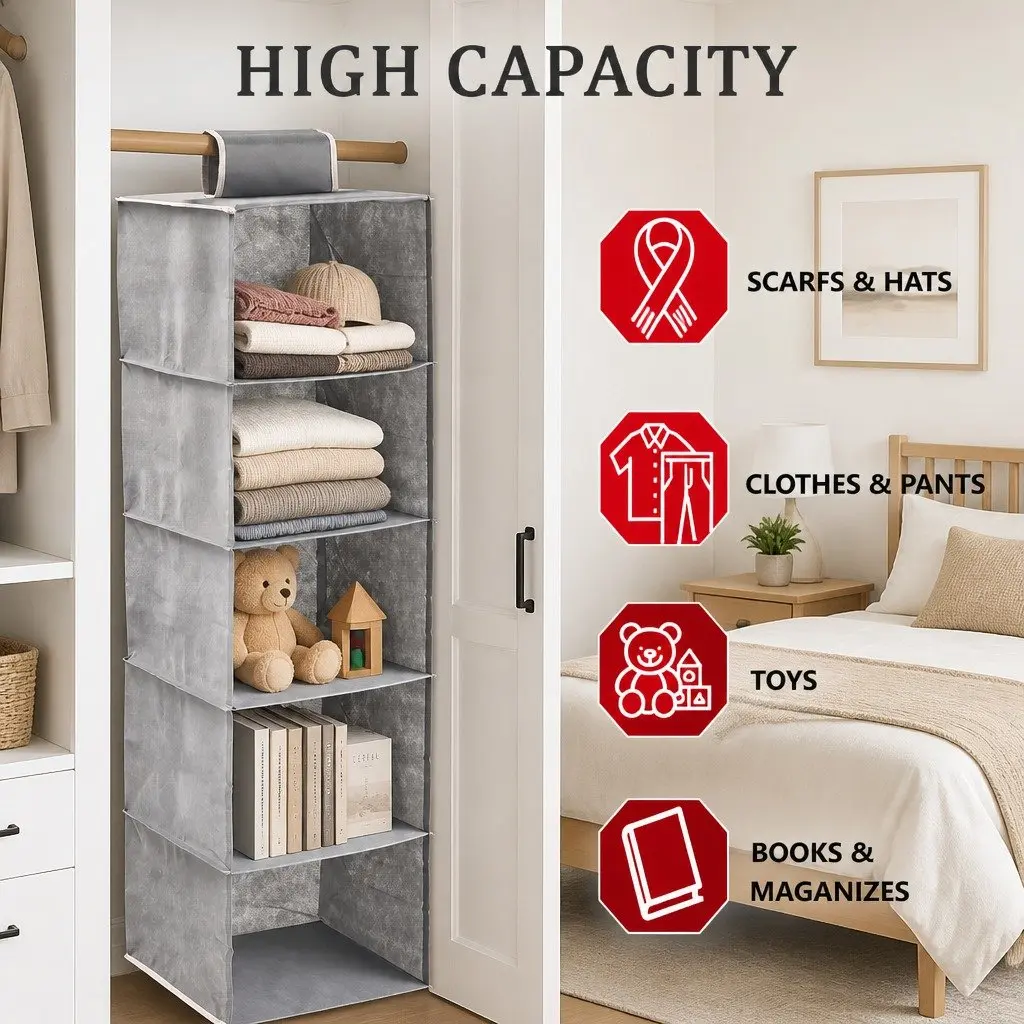 Hanging Closet Organizer Non-woven 5-Tier Grey 2 Pack