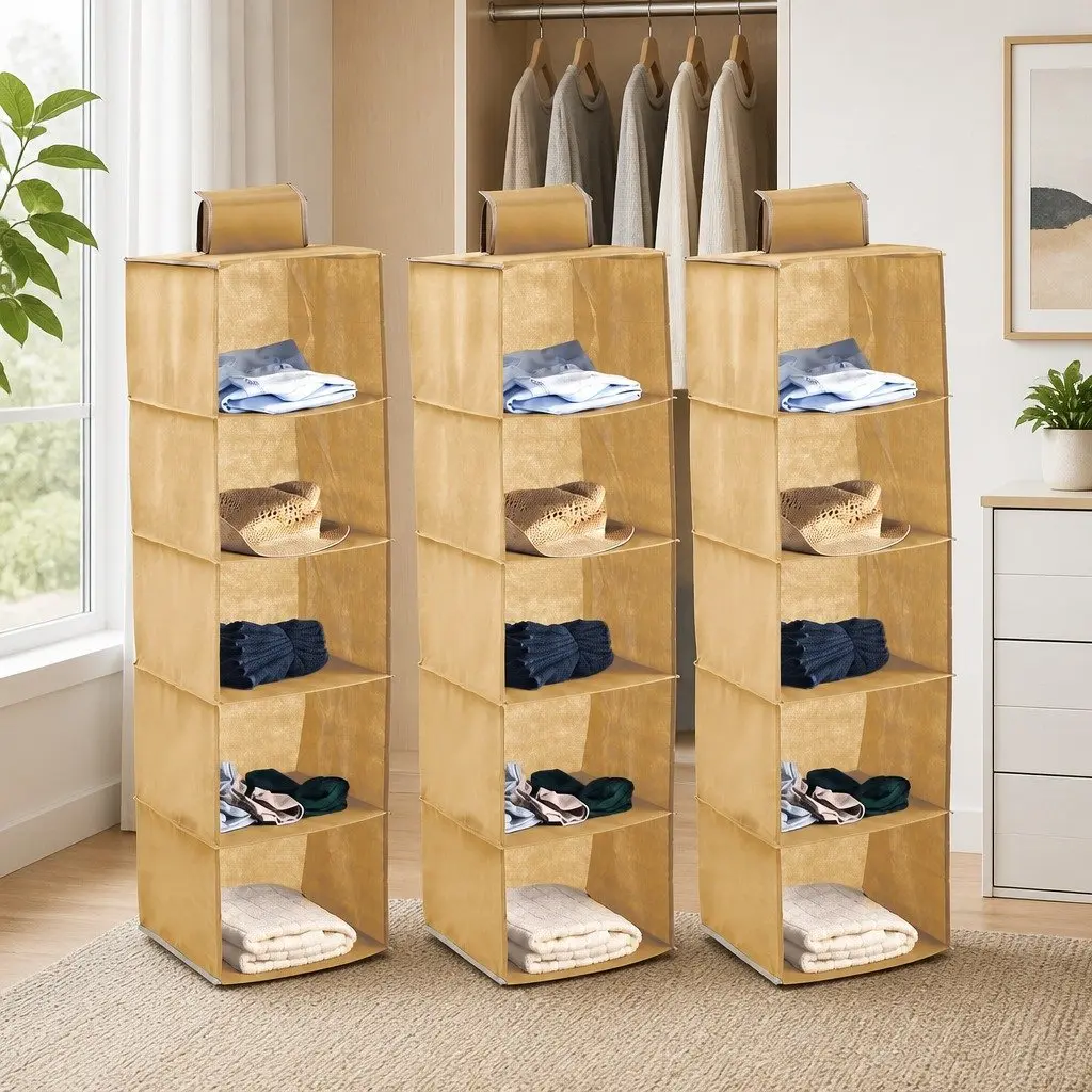 5-Tier Hanging Closet Organizer Non-Woven Beige 3 Pack