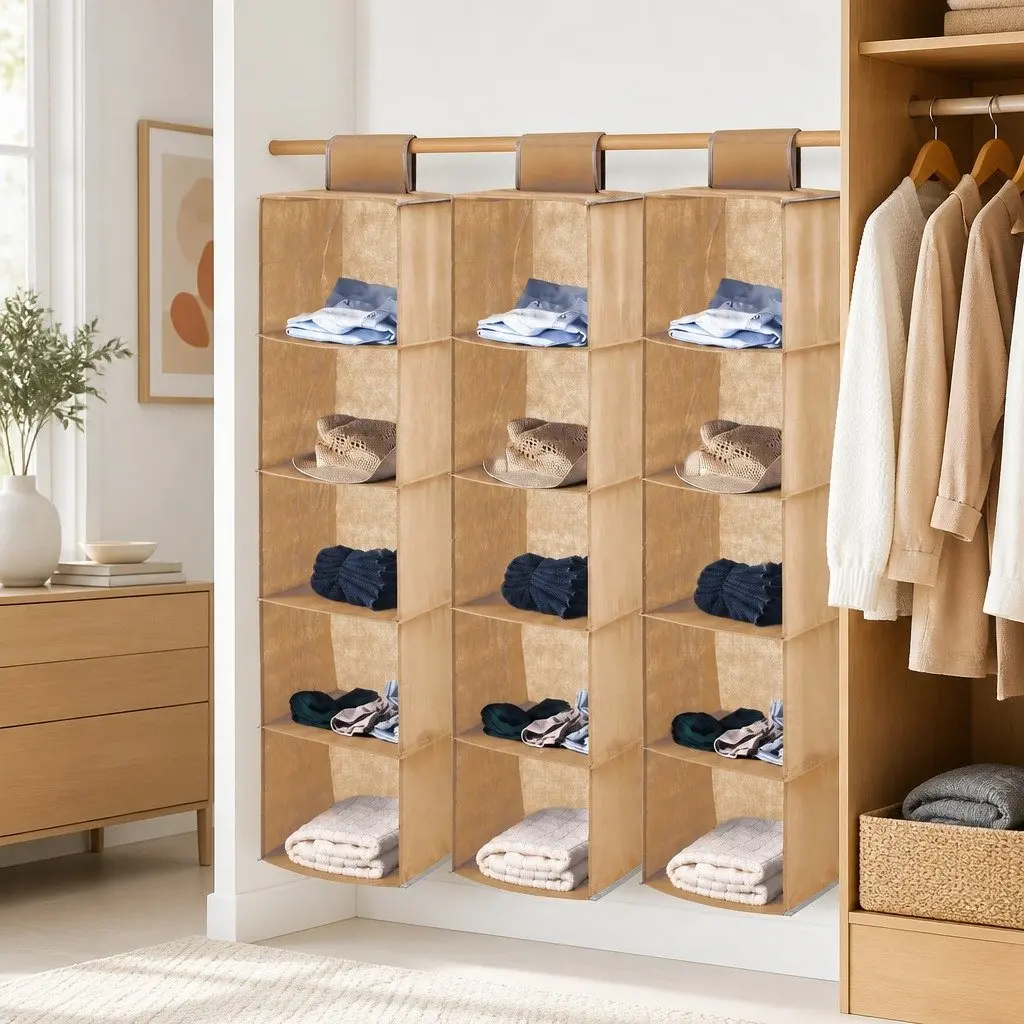 5-Tier Hanging Closet Organizer Non-Woven Beige 3 Pack