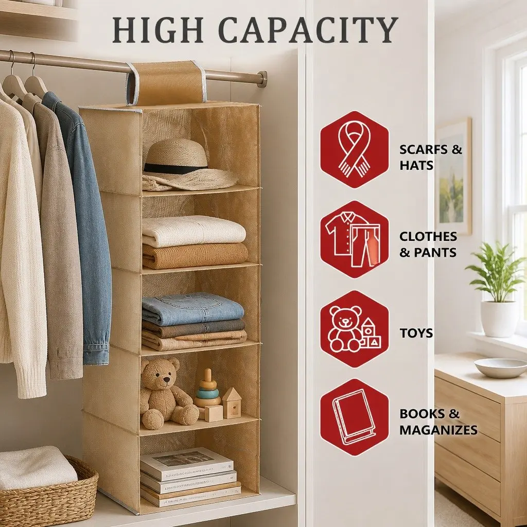 5-Tier Hanging Closet Organizer Non-Woven Beige 3 Pack