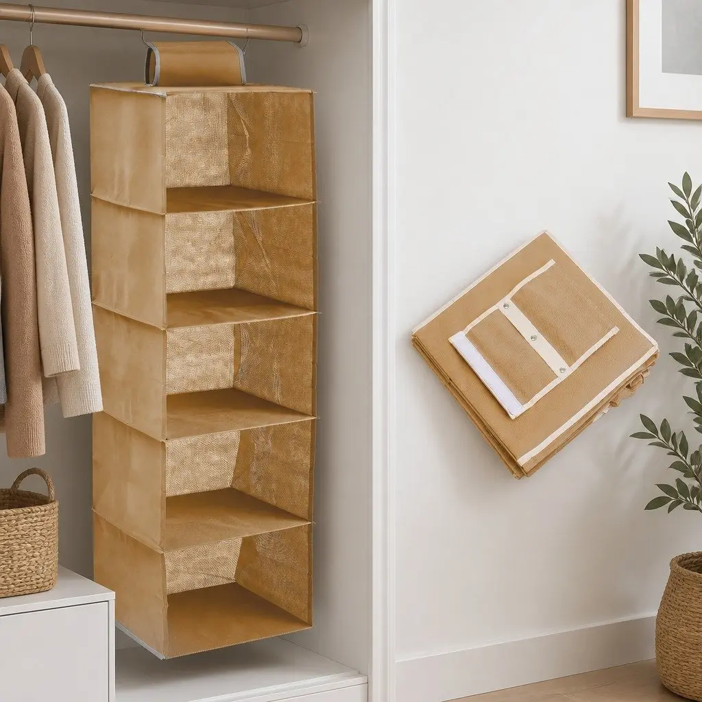 5-Tier Hanging Closet Organizer Non-Woven Beige 3 Pack