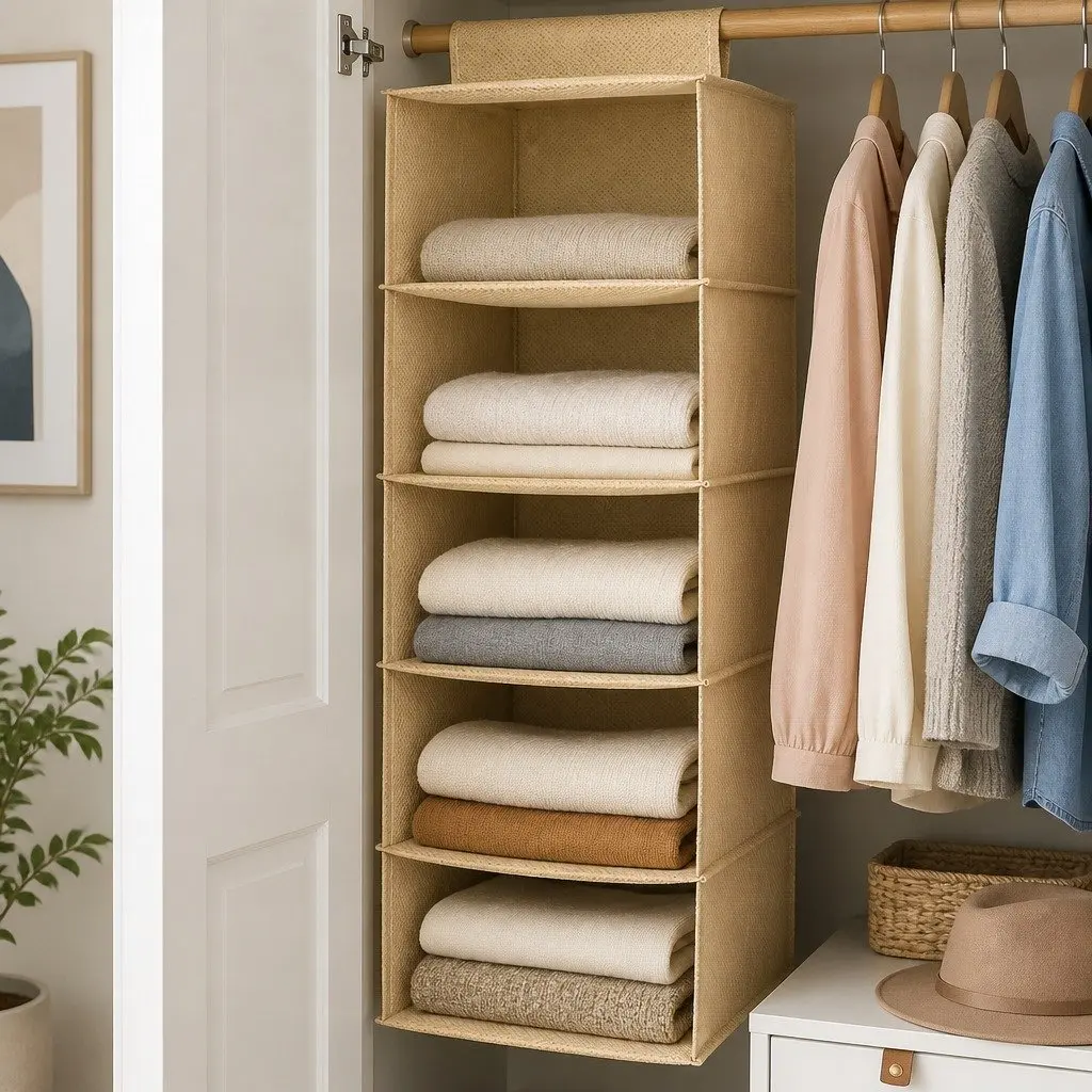 5-Tier Hanging Closet Organizer Non-Woven Beige 3 Pack