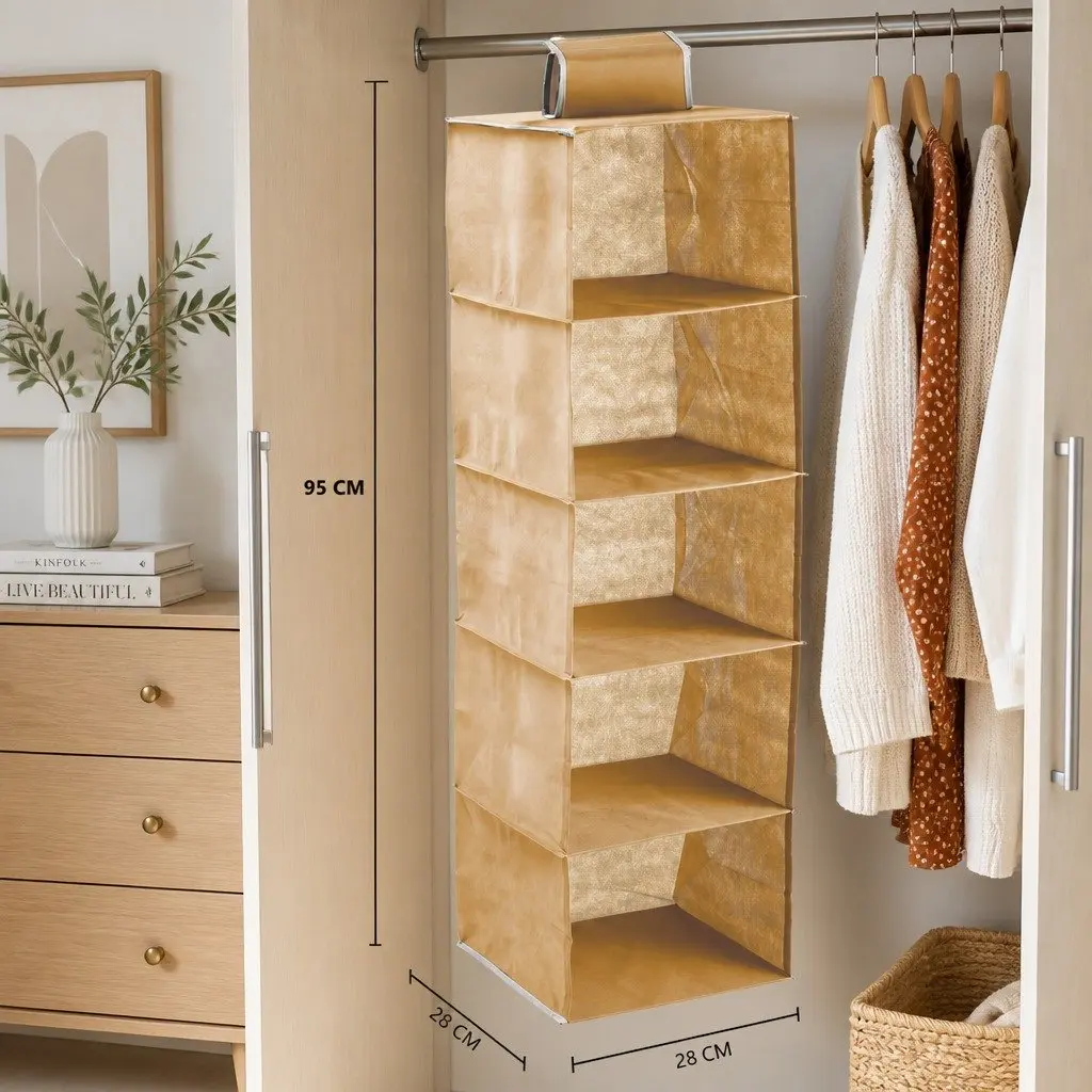 5-Tier Hanging Closet Organizer Non-Woven Beige 3 Pack