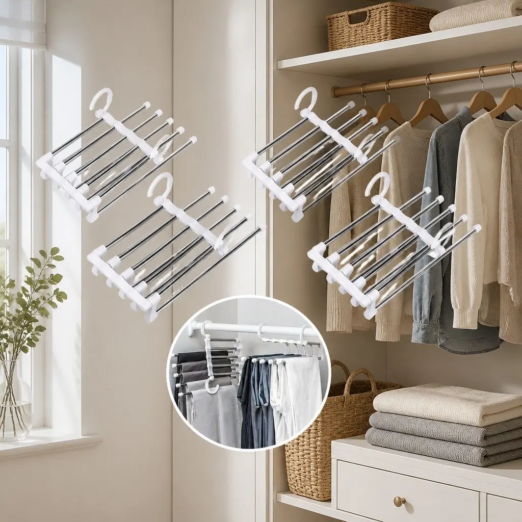 Pants Hangers Stainless Steel Adjustable Non-Slip 4 Pack Closet Storage